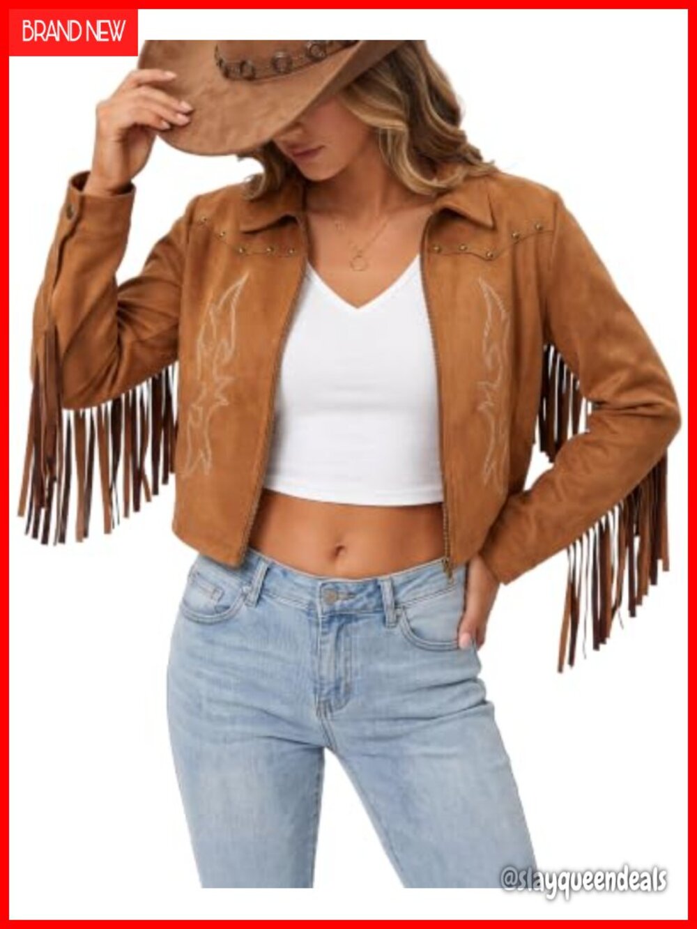 Faux Suede Fringe Jacket Western Embroidered Cropped Zip Up